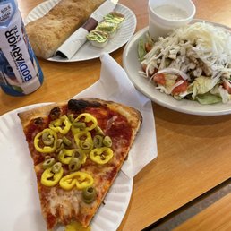 Pizza, bread, chicken salad Pizza, bread, chicken salad