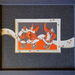 Fourth Corner Frames - Vintage postcard by R. Munoz, with jute linen mat, hand cut with custom painted embellishments.
