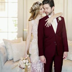 Ahadi Mens Suit Company - Beautiful Couple Congratulations (Burgundy Suit, Blush Tie)