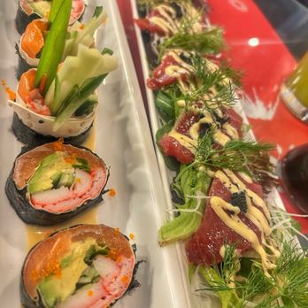 Sushi by Kazu - Salmon Avacado Misonaise Sauce (left) Blue Fin Tuna Carpaccio (right) - Sushi Bars Near Me - Freehold Township, New Jersey Sushi by Kazu - Salmon Avacado Misonaise Sauce (left) Blue Fin Tuna Carpaccio (right) - Sushi Bars Near Me - Freehold Township, New Jersey