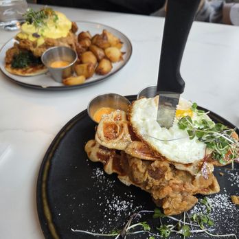 Rise & Set - Chicken & croffle up front and fried chicken benedict in the back - Breakfast & Brunch Near Me - San Francisco, California Rise & Set - Chicken & croffle up front and fried chicken benedict in the back - Breakfast & Brunch Near Me - San Francisco, California