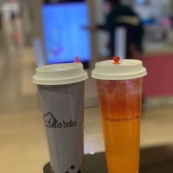 Hello Boba - Taro milk tea and passionfruit mango boba.