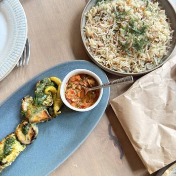 NAIA - Swordfish skewer and Greek rice - Mediterranean Near Me - Chicago, Illinois