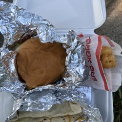 Cook Out - Junior gray with small burger, bacon wrap and cheese bites