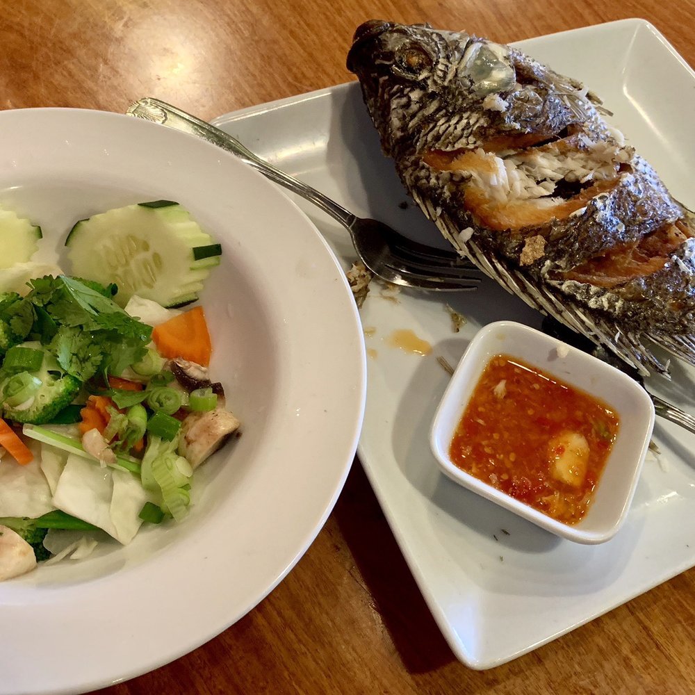 Ginger Thai Cuisine - Spicy Whole Fish with a side of Steam Veggies.  The deliciousness will hit you from U.S. straight to Asia. - Thai Near Me - Dallas, Texas