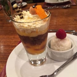 Darwin Dining Hall - Clementine and grand marnier trifle with lemon sherbert