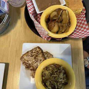 Hillbilly Hideout - Pinto beans, fried potatoes, cornbread, cabbage, 2 pork chops - Diners Near Me - Ozark, Arkansas
