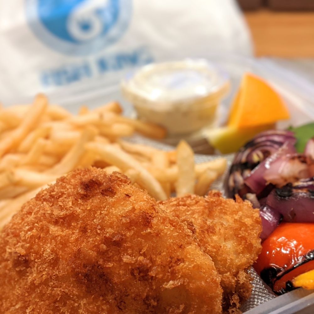 Fish King - Fish 'n Chips with a side of grilled vegetables and tartar and cocktail sauce for dipping!!! - Seafood Markets Near Me - Glendale, California Fish King - Fish 'n Chips with a side of grilled vegetables and tartar and cocktail sauce for dipping!!! - Seafood Markets Near Me - Glendale, California