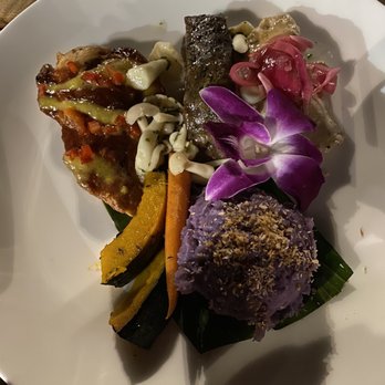 Old Lahaina Luau - This was the main course: poi, braised beef, I'a (seared mahi mahi), moa (grilled bbq chicken), and roasted veggies. - Performing Arts Near Me - Lahaina, Hawaii