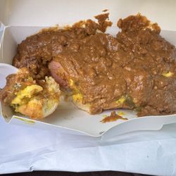 Grays Chili Dogs - Sausage chili cheese dog with relish, onions, mustard and cheese