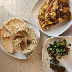 Baiz Fresh Foods - Za'atar pie, tabbouli, stuffed grape leaves, babaghanoush, pita - my delicious lunch, from the restaurant up front
