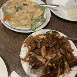 Shrimp with lobster sauce and Mongolian beef