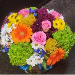 Petal Heaven - Designers choice for short tiht arrangement of multi-colored, bright, cheery flowers