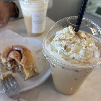 Elevated Coffee & Confections - Warm cinnamon roll, Iced White Cookie Butter Latte (w/oat) - Coffee & Tea Near Me - Lemon Grove, California