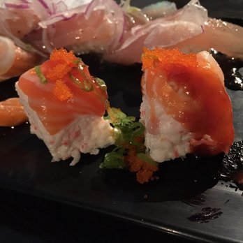 Hoshi Sushi - 97% crab meat, thin slice of salmon.... - Sushi Bars Near Me - Fullerton, California Hoshi Sushi - 97% crab meat, thin slice of salmon.... - Sushi Bars Near Me - Fullerton, California