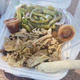Lunch plate of hog maws fried with cactus salad tortillas and salsa.