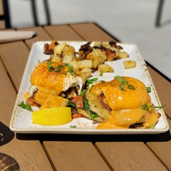 First Watch - Crab Cake Benedict.  Overpowered with lemon! - Breakfast & Brunch Near Me - Wilmington, North Carolina