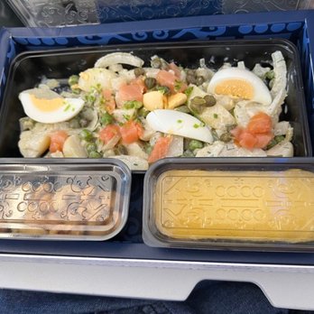 KLM Royal Dutch Airlines - Served on our flight from Amsterdam to Florence. Potato, egg and salmon salad. Smelled bad and tasted worse. Lost appetite. Couldn't eat. - Airlines Near Me - Amstelveen, New Hampshire