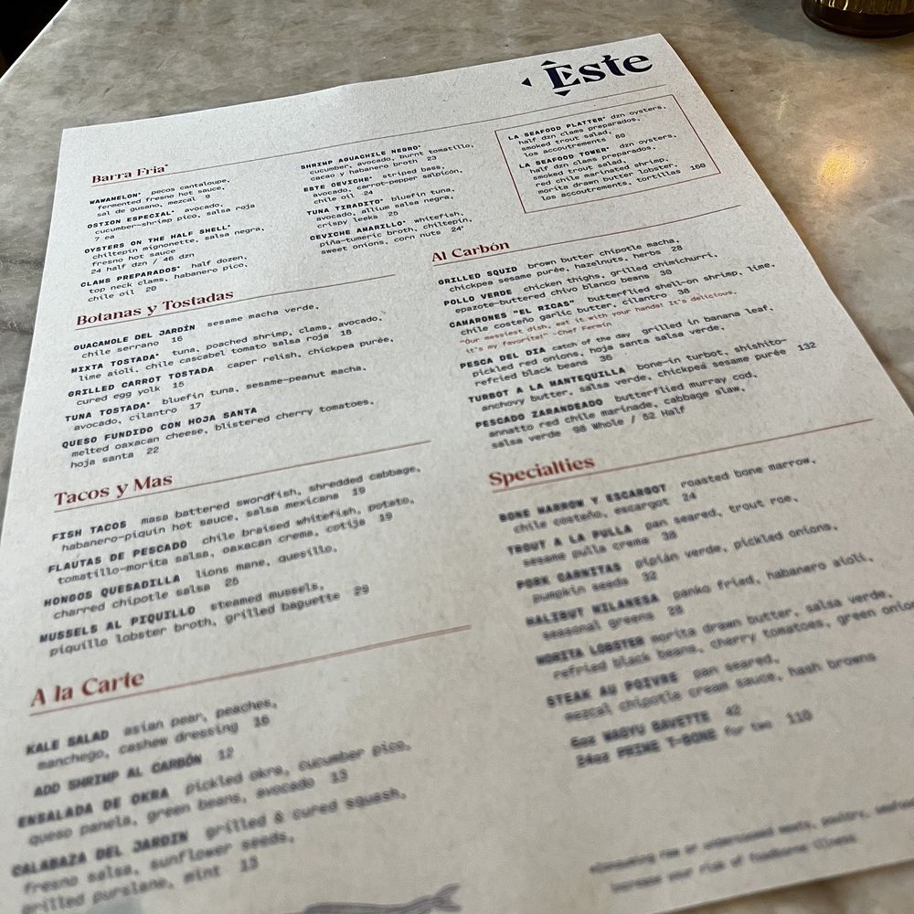 Este - Menu - Seafood Near Me - Austin, Texas Este - Menu - Seafood Near Me - Austin, Texas