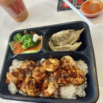 WaBa Grill - Shrimp Plate with vegetables and dumplings.  Thai tea to drink - Fast Food Near Me - Simi Valley, California