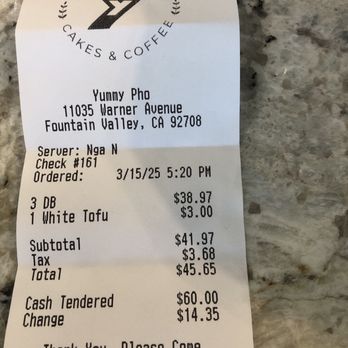Yummy Pho - Receipt - Vietnamese Near Me - Fountain Valley, California Yummy Pho - Receipt - Vietnamese Near Me - Fountain Valley, California