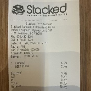 Stacked Pancake & Breakfast House - Receipt including 18% tip came to $11.94 - Breakfast & Brunch Near Me - Pitt Meadows, British Columbia Stacked Pancake & Breakfast House - Receipt including 18% tip came to $11.94 - Breakfast & Brunch Near Me - Pitt Meadows, British Columbia