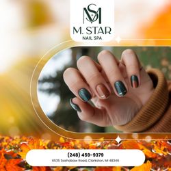M Star Nail Spa - Smooth brown and green tone with a glossy top -- cozy and elegant for your fall celebrations. Book your mani today!