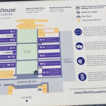 Workhouse Arts Center - Layout of Buildings & Studios - all entrances are on inner courtyard - Performing Arts Near Me - Lorton, Virginia Workhouse Arts Center - Layout of Buildings & Studios - all entrances are on inner courtyard - Performing Arts Near Me - Lorton, Virginia