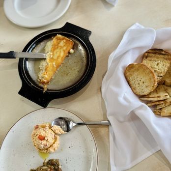 Floga Estiatorio and Event Space - Appetizers: Pan-seared kefalograviera, 2  dips and bread basket - Greek Near Me - Toronto, Ontario