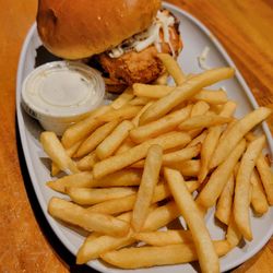 Urban Kitchen Restaurant - Buffalo Chicken Sandwich with a side of ranch and French fries