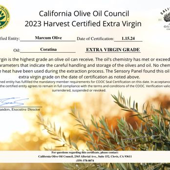 Marcum Olive Oil - Marcum Olive Coratina - California Olive Oil Council Certified Extra Virgin Olive Oil. - Olive Oil Near Me - Paso Robles, California Marcum Olive Oil - Marcum Olive Coratina - California Olive Oil Council Certified Extra Virgin Olive Oil. - Olive Oil Near Me - Paso Robles, California