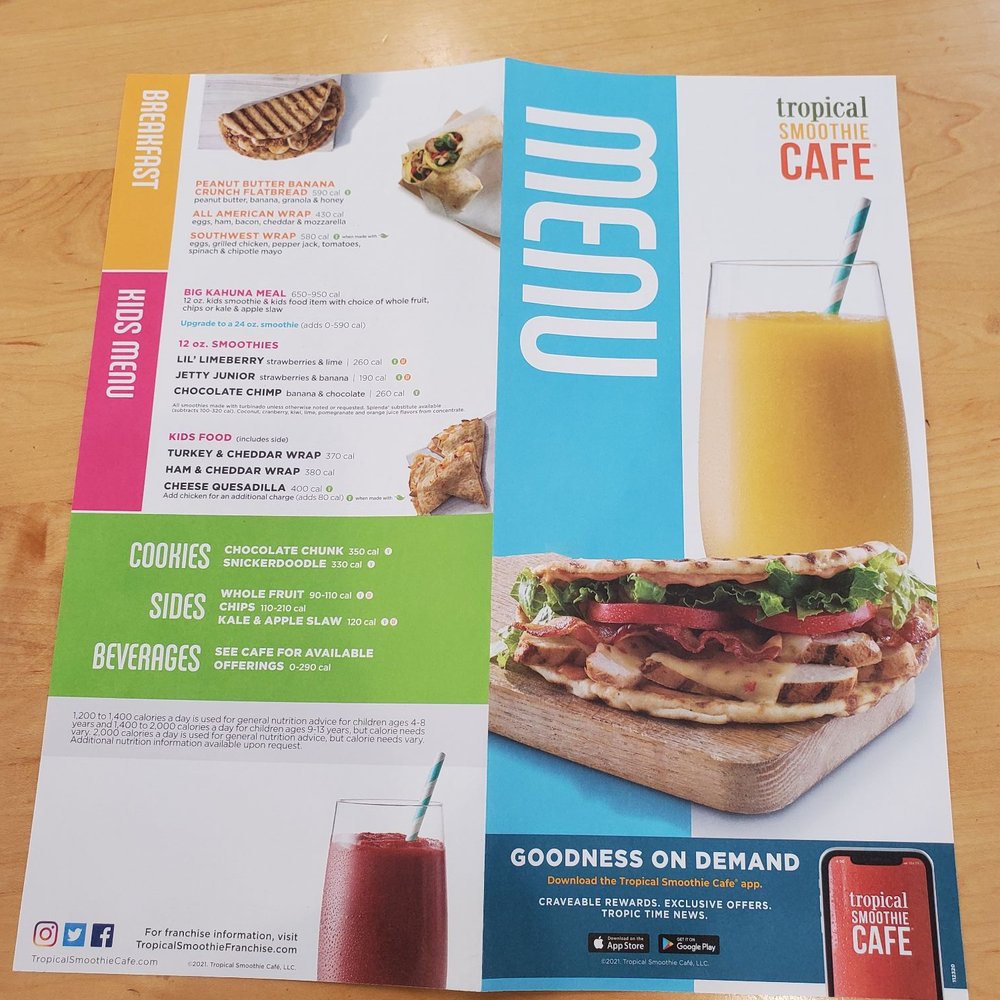 Tropical Smoothie Cafe - Menu ftont - Sandwiches Near Me - Palm Coast, Florida
