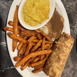 Black-eyed Pea - Veggie plate with squash, mashed potatoes and gravy, sweet potato fries and fried corn
