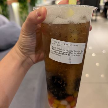 10X Boba Tea Lounge - Fresh Artichoke Pandan Tea with Grass Jelly, Aloe Vera, Basil Seed, and Rainbow Crystal Boba - Bubble Tea Near Me - Houston, Texas 10X Boba Tea Lounge - Fresh Artichoke Pandan Tea with Grass Jelly, Aloe Vera, Basil Seed, and Rainbow Crystal Boba - Bubble Tea Near Me - Houston, Texas