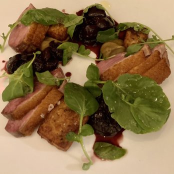 Marea - Roasted Duck Breast w/Cherry, Garlic, Foie Gras Panelle - Italian Near Me - New York, New York Marea - Roasted Duck Breast w/Cherry, Garlic, Foie Gras Panelle - Italian Near Me - New York, New York