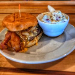 Upland Brewing - Bloomington - Bacon cheeseburger made with their very own homemade cheese and potato salad
