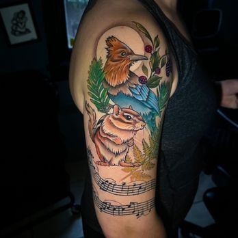 Modern Times Tattoo - Custom blue jay, chipmunk, musical notes and foliage tattoo. - Tattoo Near Me - Sacramento, California