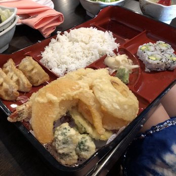Yummy Asian cuisine - Shrimp and Veggie Tempura, white rice, California roll and pork dumplings. - Asian Fusion Near Me - Palmer, Massachusetts