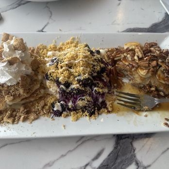 Blossoms Brunch Bar - Flight of pancakes with cinnamon, blueberry lemon and banana caramel w pecans!!! - Breakfast & Brunch Near Me - Rahway, New Jersey Blossoms Brunch Bar - Flight of pancakes with cinnamon, blueberry lemon and banana caramel w pecans!!! - Breakfast & Brunch Near Me - Rahway, New Jersey