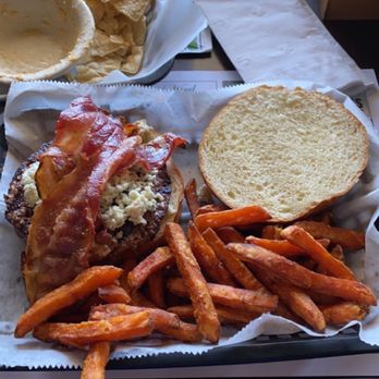 Doyle's Pour House - Black and blue burger with sweet potato fries. - Irish Near Me - Tuckerton, New Jersey Doyle's Pour House - Black and blue burger with sweet potato fries. - Irish Near Me - Tuckerton, New Jersey
