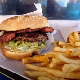 Hamburger with hot dog added. Hamburger with hot dog added.