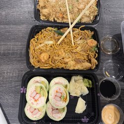 Combination lomein, chicken fried rice, and 5. Snow Crab Roll