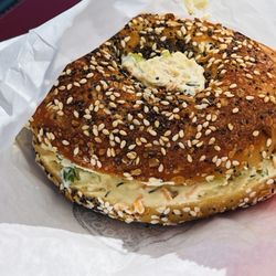 Good Times Bagels - Everything with veggie cream cheese.