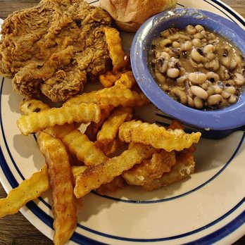 Team Ten - Country fried steak, blackeyed peas, and fries. - Burgers Near Me - Pearl, Mississippi Team Ten - Country fried steak, blackeyed peas, and fries. - Burgers Near Me - Pearl, Mississippi