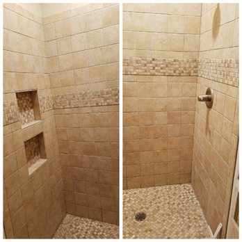 R H I Home Improvements - Clayton NC- Remodel- NEW Custom walk-in SHOWER w/accent band & double niche' - Handyman Near Me - Clayton, North Carolina R H I Home Improvements - Clayton NC- Remodel- NEW Custom walk-in SHOWER w/accent band & double niche' - Handyman Near Me - Clayton, North Carolina