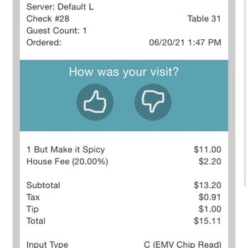Crazy Good Kitchen - Receipt showing a 20% house fee that was not disclosed and my additional tip. - Chicken Wings Near Me - Malden, Massachusetts