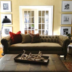 CoCoCo Home - Tufted COCOCO Chesterfield fabric sofa in Mushroom velvet with a large Blind tufted leather ottoman.