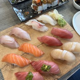 Nigiri: Yellowtail, Snapper, Salmon, Tuna, Tuna Belly, Scallop. Nigiri: Yellowtail, Snapper, Salmon, Tuna, Tuna Belly, Scallop.