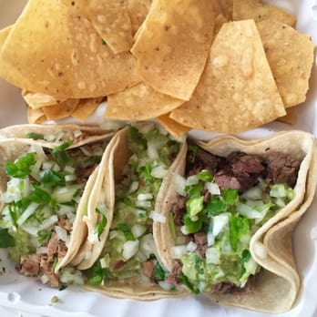 Dos Coyotes Border Cafe - 2 chicken tacos and 1 steak taco w/ complimentary chips - Mexican Near Me - Elk Grove, California