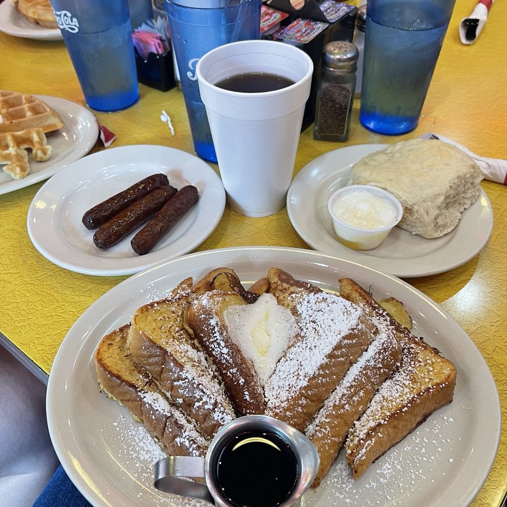 French Toast, Sausage Links, Coffee, and a Biscuit